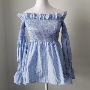 NEWER Smocked Off Shoulder Blue Striped Blouse Coastal Prairie Baby Doll Summer